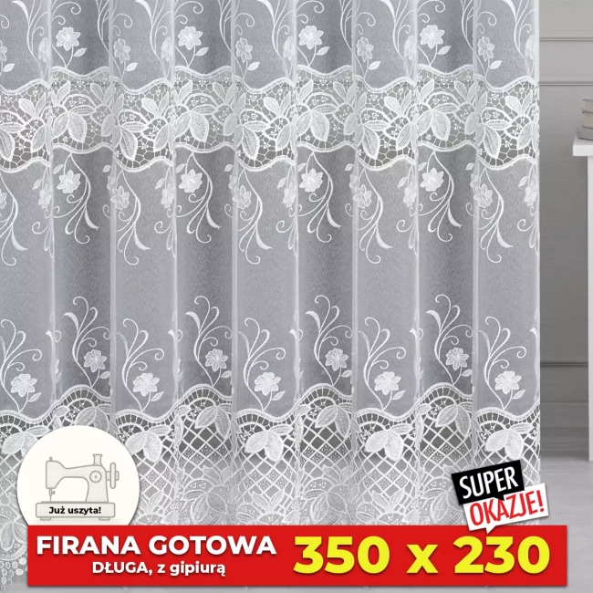 Firana 350 x 230 Gipiura dwa pasy - Firany gotowe już uszyte - Długa, Bez prasowania
